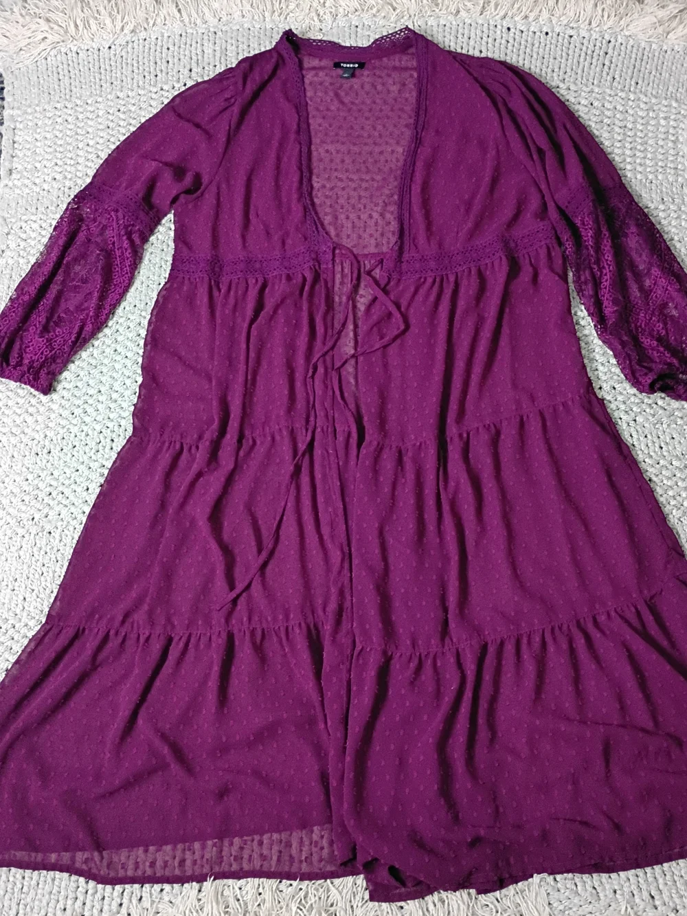 Torrid Sheer Plum Dotted Lace Sleeve Boho Maxi Duster with Tie Front, Size 2 - Picture 9 of 9